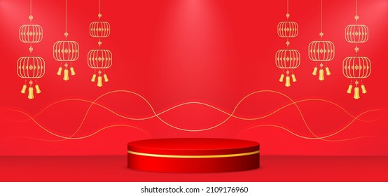 Red gold lunar background with lantern, podium and abstract decoration. Chinese new year elegant red and gold. Vector illustration