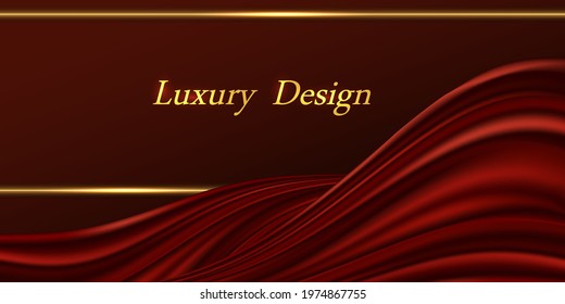 Red and gold luxurious background. Dark red velvet or silk wavy swirl drapery and golden glowing border lines. For VIP premium banner or voucher abstract design. Vector illustration