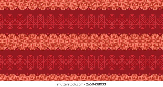 Vermelho e Ouro Luxo Chinês Ano Novo Padrão Sem Costura Tradicional. Design de círculo festivo, padrão japonês para banner, anúncios de venda, cartaz, papel de embalagem de embalagens, cartões.
