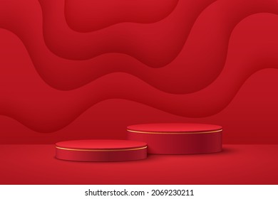 Cilindro de lujo rojo y oro conjunto de podio peatonal con capas de escena ondulada en estilo de corte de papel. Sala de estudio abstracta vectorial con diseño de plataforma 3D geométrica. Escena mínima para la pantalla Promoción, Muestra