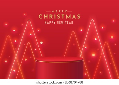 Red and Gold luxury geometric stand podium with illuminate triangle and glitter. Vector abstract studio room with 3D platform design. Minimal merry christmas scene for Promotion display, Showcase.