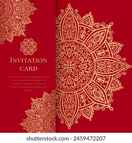 Red and gold luxury invitation card design with vector mandala pattern. Vintage ornament template. Can be used for background and wallpaper. Elegant and classic vector elements great for decoration.