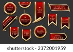 Red gold luxury premium quality label badges on grey background vector illustration.

