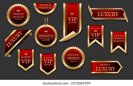 Red gold luxury premium quality label badges on grey background vector illustration.
