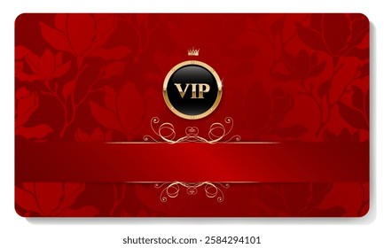 Red and gold luxury premium VIP card with crown, floral pattern for club members only, casino, invitation. Vector illustration