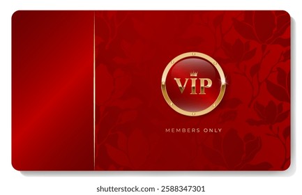 Red and gold luxury premium VIP card with crown, floral pattern for club members only, casino, invitation. Vector illustration