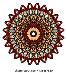 red, gold mandala round ornament design for greeting card, invitation. Vector illustration