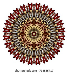 red, gold mandala round ornament design for greeting card, invitation. Vector illustration