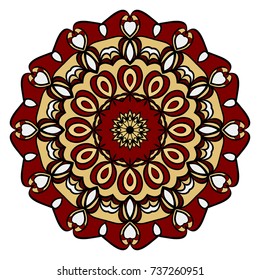 red, gold mandala round ornament design for greeting card, invitation. Vector illustration