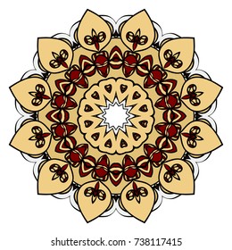 red, gold mandala round ornament design for greeting card, invitation. Vector illustration