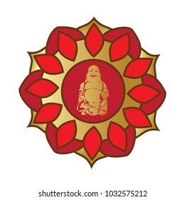 red and gold mandala with smiling buddha