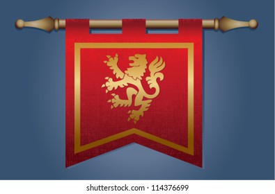 Red and gold medieval banner flag with cloth texture and symbol of a dragon