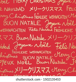 Red and gold merry Christmas seamless pattern in different languages. Text only Christmas background great for wrapping paper, backdrops and various holiday projects.