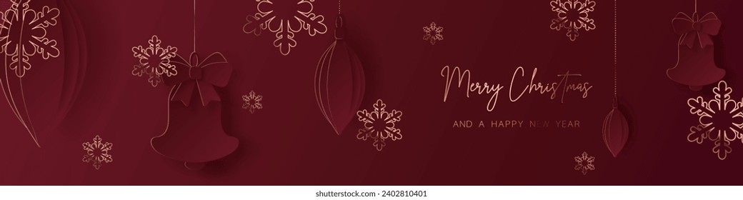 Red gold minimal Christmas banner design. Simple background, elegant geometric minimalistic style. Contemporary papercut luxury greeting backdrop with merry xmas letters for web and advertising.