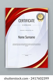 Red and gold modern certificate template for corporate, achievement, diploma, award, graduation, completion, appreciation, acknowledgement, recognition etc