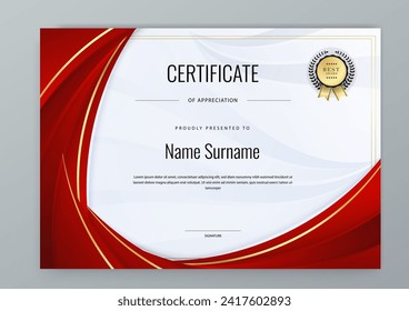 Red and gold modern certificate template for corporate, achievement, diploma, award, graduation, completion, appreciation, acknowledgement, recognition etc