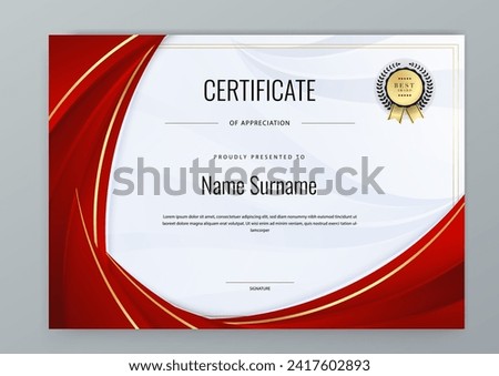 Red and gold modern certificate template for corporate, achievement, diploma, award, graduation, completion, appreciation, acknowledgement, recognition etc