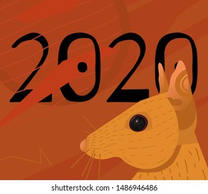 Red and gold mouse -flat Vector design. 2020 chinese new year greeting card template. Decorative stylazed golden rat.