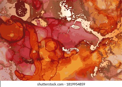 Red, gold and orange stone background with texture of marble. Alcohol ink oriental technique. Abstract vector art. Modern flow paint in natural colors with glitter. Design template for banner, poster.