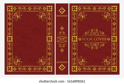 Red and gold ornament of classical book cover vector flat illustration. Decorative vintage frame or border for printing on royal retro style covers of books isolated on white background