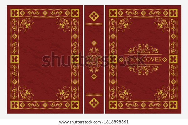 Red\
and gold ornament of classical book cover vector flat illustration.\
Decorative vintage frame or border for printing on royal retro\
style covers of books isolated on white\
background