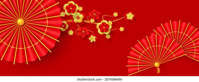 Red and gold paper fans and traditional red umbrella. Oriental Holiday Lunar New Year. Vector EPS10