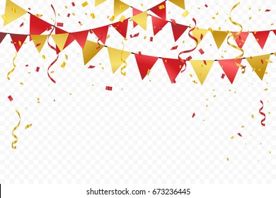 Red Gold Party Flags With Confetti And Ribbon Falling On Transparent Background. Celebration & Birthday. Vector Illustration