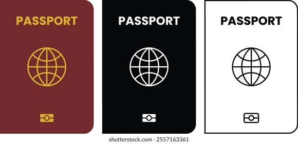 Red Gold Passport for Travel Around the World with Solid and Outline Version