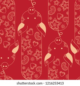 Red and gold pig seamless pattern vertical. Vector. EPS 8.