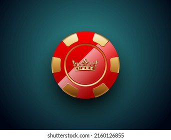 Chip de póquer de oro rojo negro brillante jack poker club de casino emblema de la corona aislado en un fondo turquesa. Diseño del icono del icono del casino VIP vector. Fondo del casino real