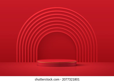 Red and gold realistic 3D cylinder pedestal podium with layers arch shape backdrop. Vector abstract studio room with platform design. Red luxury minimal scene for products showcase, Promotion display.