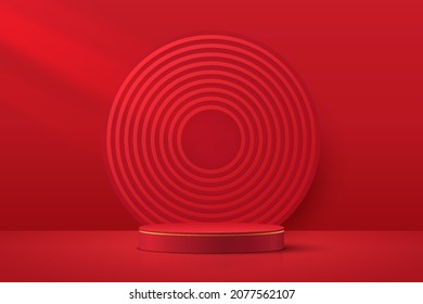 Red and gold realistic 3D cylinder pedestal podium with layers circles backdrop. Chinese red minimal scene for products showcase, Promotion display. Vector abstract studio room with platform design.