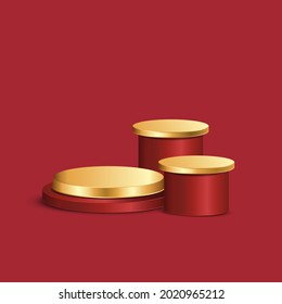 Red and gold round pedestal empty isolated on red background. Vector podium for product demonstration.