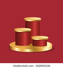 Red and gold round pedestal empty isolated on red background. Vector podium for product demonstration.
