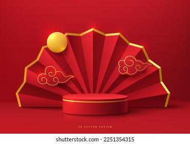 Red, gold round product podium 3D background with chinese fan decorate. Chinese new year concept. Minimal wall scene mockup product stage showcase, Promotion display. Abstract vector geometric forms.