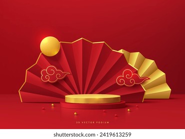 Red, gold round product podium 3D background with chinese fan decorate. Chinese new year concept. Minimal wall scene mockup product stage showcase, Promotion display. Abstract vector geometric forms.