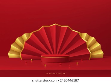 Red, gold round product podium 3D background with chinese fan decorate. Chinese new year concept. Minimal wall scene mockup product stage showcase, Promotion display. Abstract vector geometric forms.