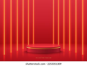 Red, gold round stand product podium 3D background with golden neon lighting lines scene. Minimal wall scene mockup product stage showcase, Banner promotion display. Abstract vector geometric forms.