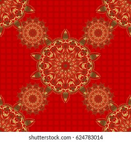 Red and gold seamless pattern. Abstract geometric modern background. Polka dots, confetti. Texture of gold foil. Vector illustration. Shiny backdrop. Art deco style.