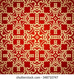 Red and gold seamless pattern. Background with oriental ornamental motifs. Damask pattern. Vector illustration