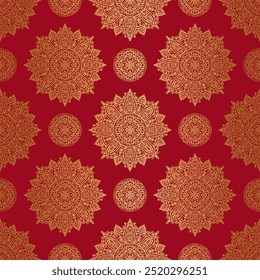 Rotes und goldenes nahtloses Muster mit Mandala-Ornament. Traditionelle arabische, indische Motive. Ideal für Stoff und Textilien, Tapeten, Verpackungen oder jede gewünschte Idee.
