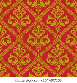 Red Gold Seamless Pattern Vector with Baroque Damask Floral Ornaments and Royal Decorative Background Design Elements