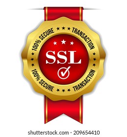 Red gold secure transaction badge with ribbon on white background