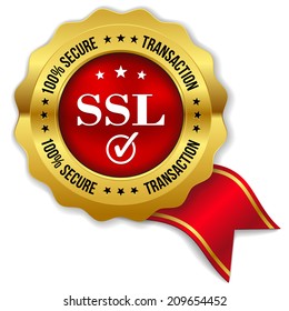 Red gold secure transaction badge with ribbon on white background
