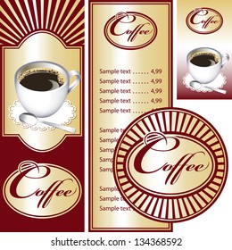 Red and gold set for the cafe menu, business card and coasters for drinks. All elements are grouped. Vector images for easy editing.