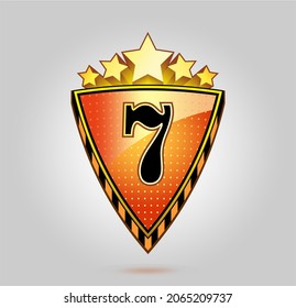 Red and gold shield with number seven. Triangle shield with gold stars. Vintage logo with the number 7. Can be used for celebrations, anniversaries. Logo for your company. Victory logo for bussines.