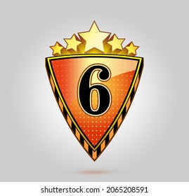 Red and gold shield with number six. Triangle shield with gold stars. Vintage logo with the number 6. Can be used for celebrations, anniversaries. Logo for your company. Victory logo for bussines.