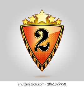 Rot und goldener Schild mit Nummer zwei. Dreiecksschild mit goldenen Sternen. Vintage-Logo mit der Nummer 2. Kann für Feiern und Jahrestage verwendet werden. Logo für Ihr Unternehmen. Sieg-Logo für Unternehmen.