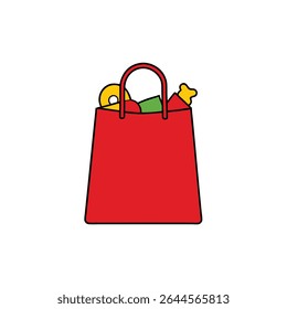 a red and gold shopping bag filled with toys 
