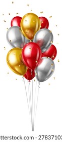 Red, gold, and silver balloons with confetti floating around them, creating a festive atmosphere.